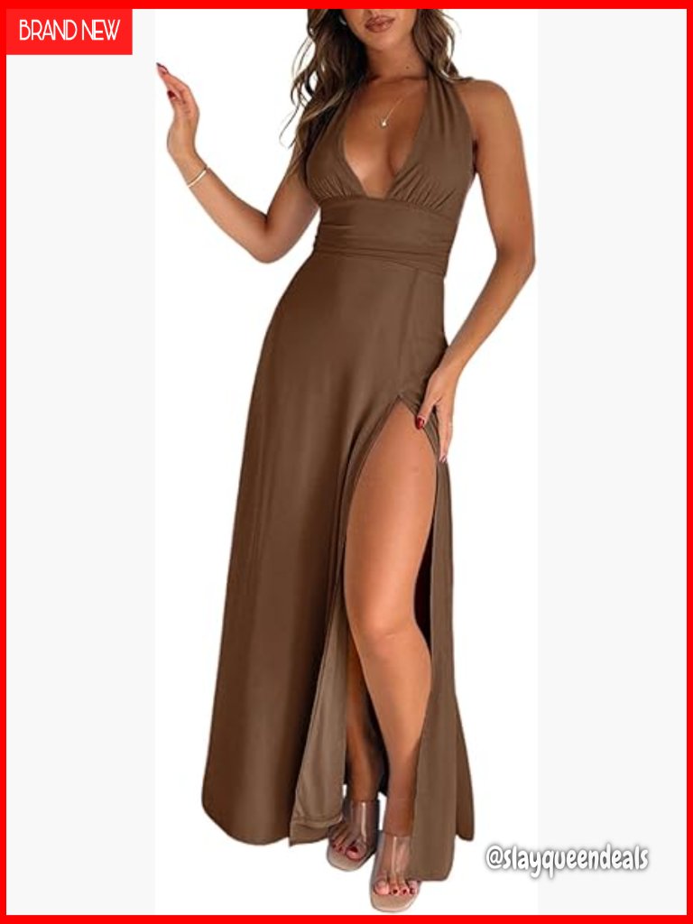 Sexy Halter Maxi Dress Deep V Neck Backless Split Formal Evening Wear